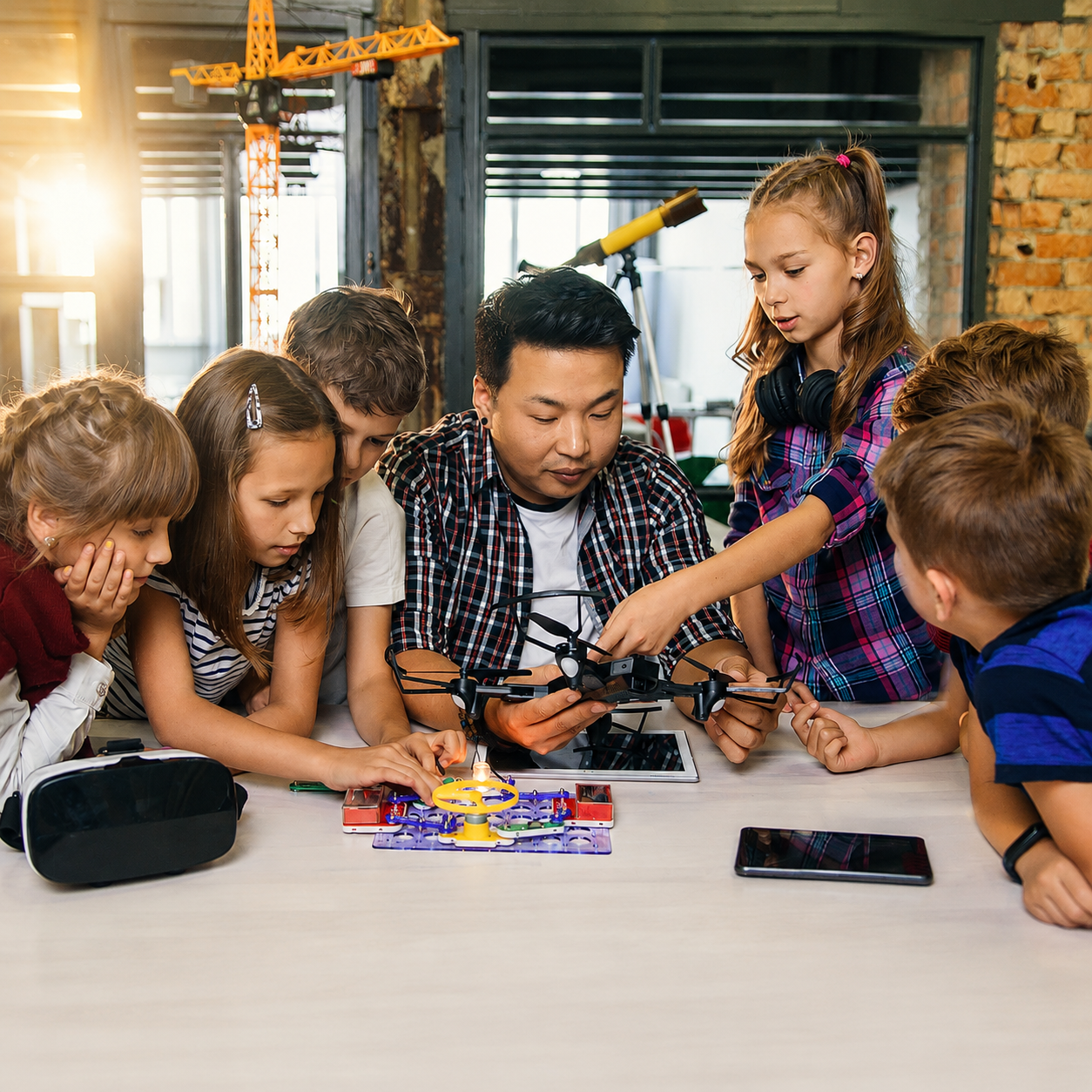 A teacher and a small group of school children working together on a hands-on classroom project — the beneficiaries the trust exists to serve.