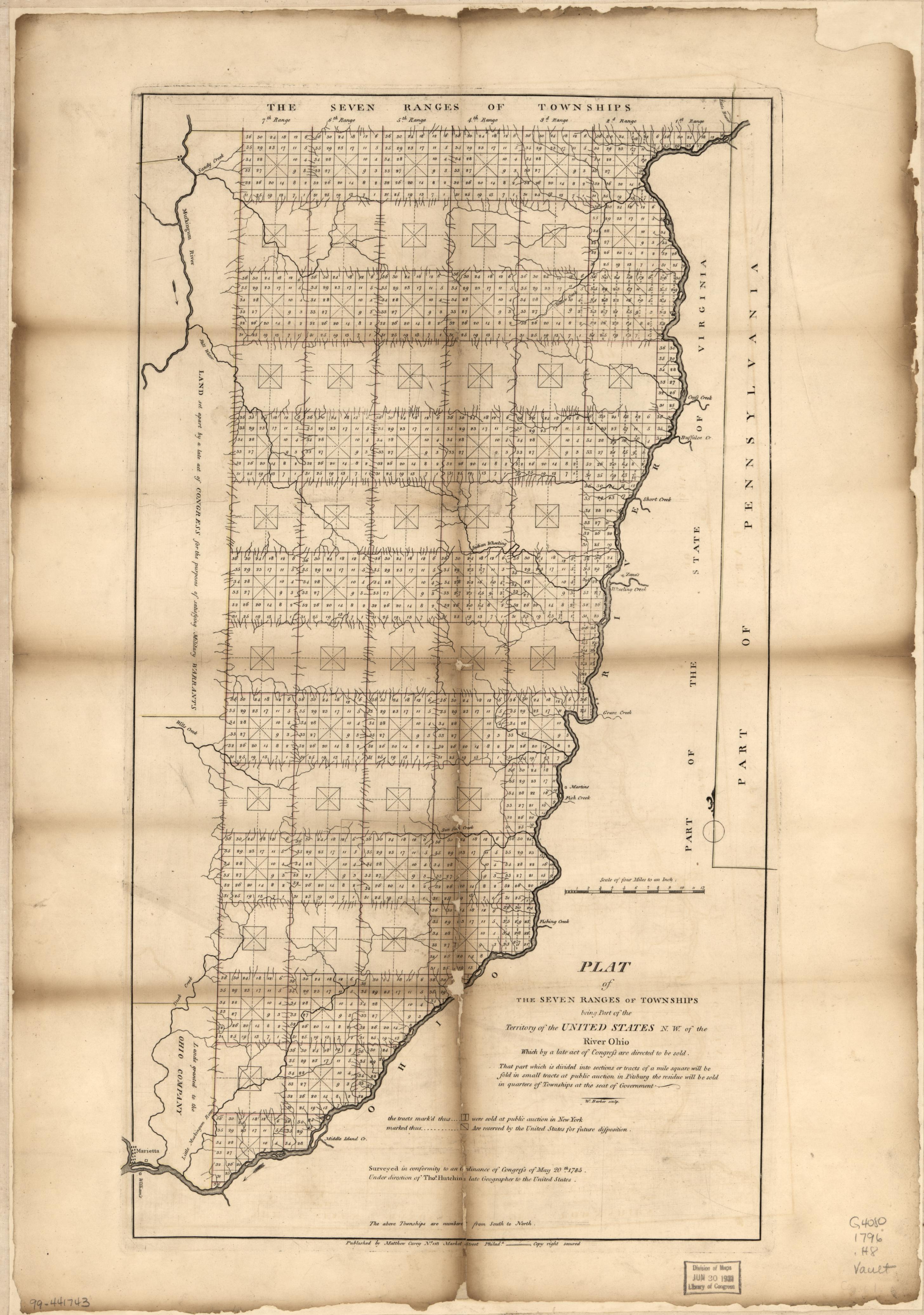 Thomas Hutchins's 1796 engraved 'Plan of the Seven Ranges of Townships' — the first federal cadastral survey published under the Land Ordinance of 1785, gridding the Ohio country into mile-square townships with Section 16 of each reserved for the common schools.